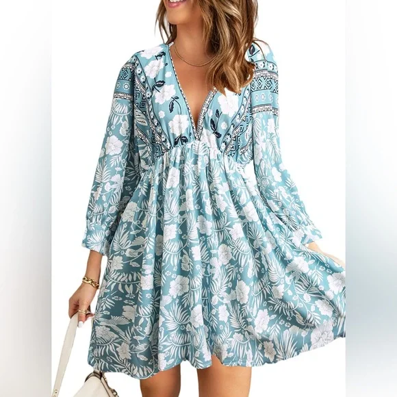 *SOLD* Boho Floral V Neck Dress - Picture 1 of 7